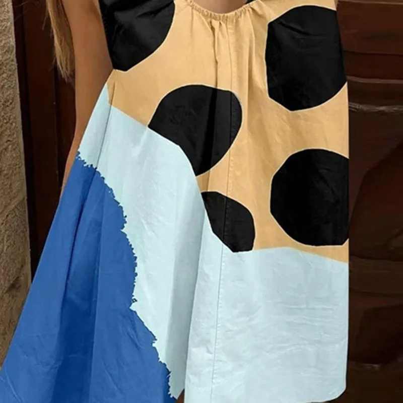 Summer Sleeveless Dot Print Boho Woman Dress New Casual Contrast Color A-Line Long Dress Elegant Loose Simple U Neck Beach Dress
