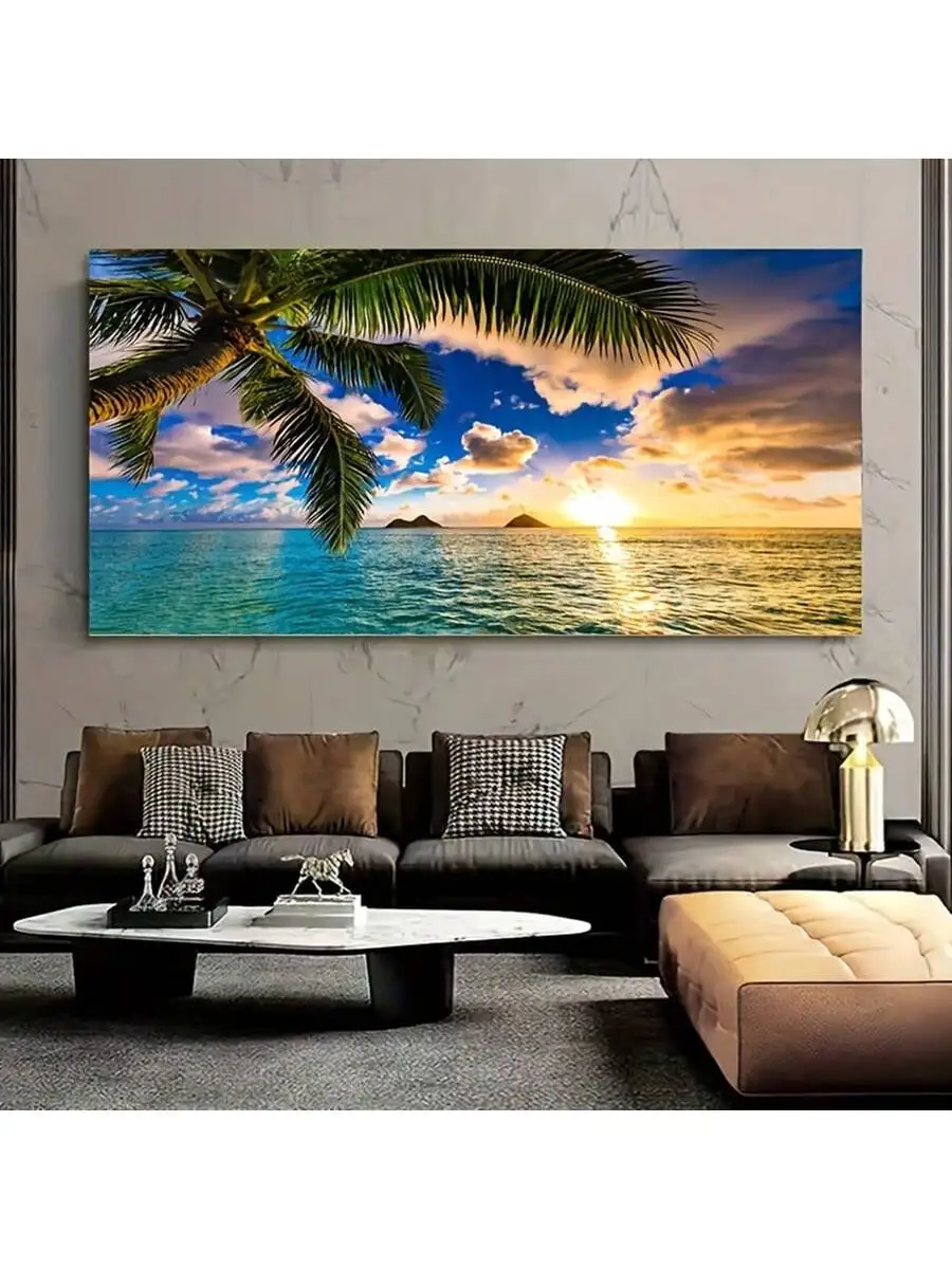 Contemporary Art Deco Seascape Canvas Print - Tranquil Beach Palm Ocean Sunset Wall Art, Unframed Poster for Living Room, Bedroo