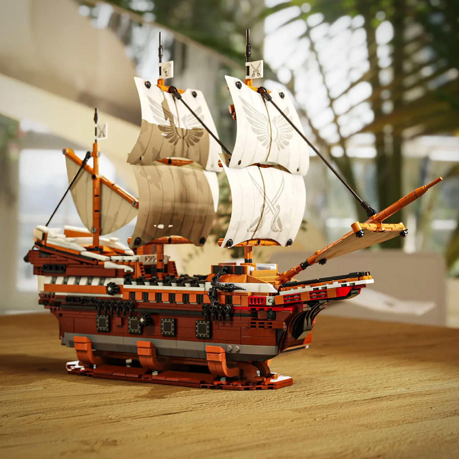 Modelo de montagem de navio pirata retrô de montagem de bloco de construção, acessórios de decoração de vela de atividade, ornamentos de mesa de navio pirata