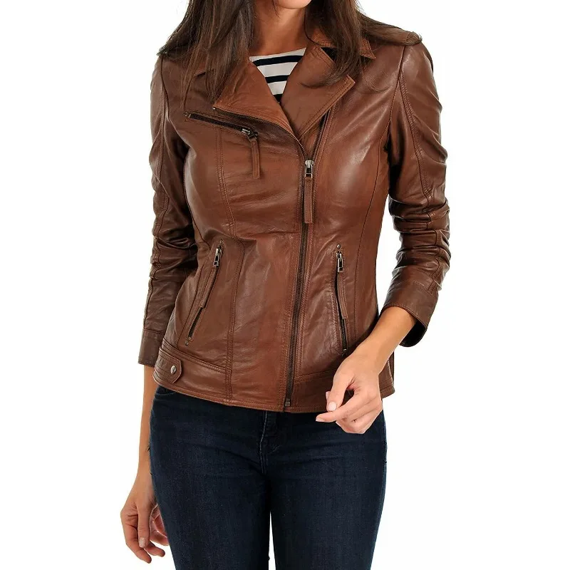 

Women Genuine Lambskin Real Leather Jacket Brown Biker Zipper Stylish Coat