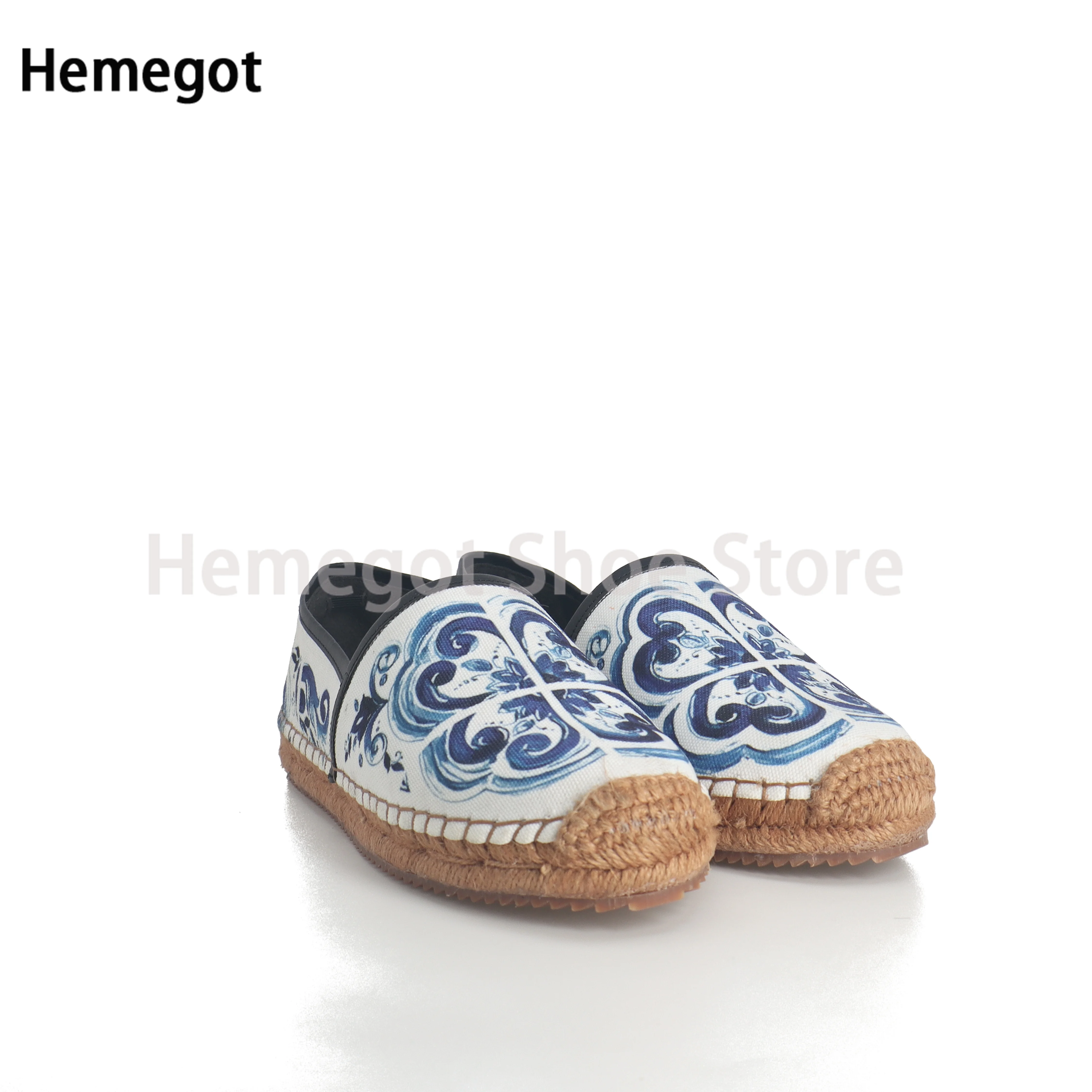 Blue and White Porcelain Hemp Rope Men Flats Hand-Painted Shoes Daily Casual Flat Fisherman Shoes Single Shoes 39-48