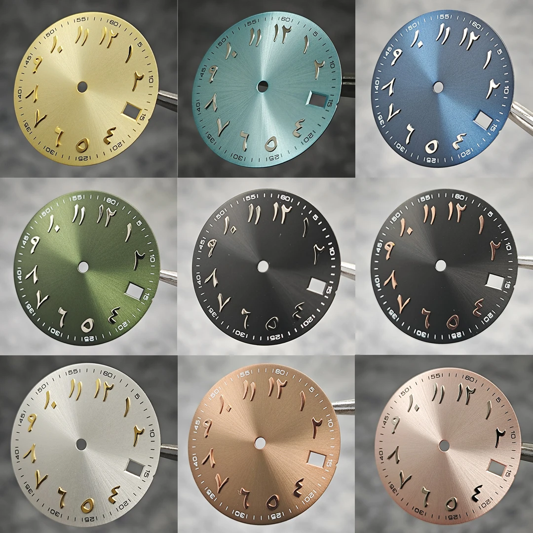 28,5 mm Zifferblatt mit Sonnenmuster, arabisches Alphabet mit Datum, Zifferblätter, Ersatzzubehör für NH35/NH36-Uhrwerk