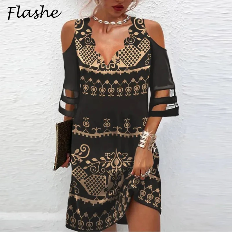 

Fashion Women Dress Off Shoulder V-Neck Mini Dress Sexy Summer Beach Party Vestidos Casual Loose Boho Vintage Print Dresses