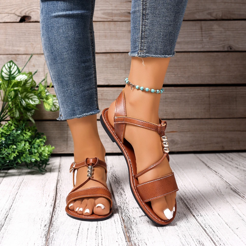 New Style Round Toe Flat Sandals 2026 Summer Fashion Solid Color Round Head Ankle Buckle Comfortable Casual Sandals for Women view 5