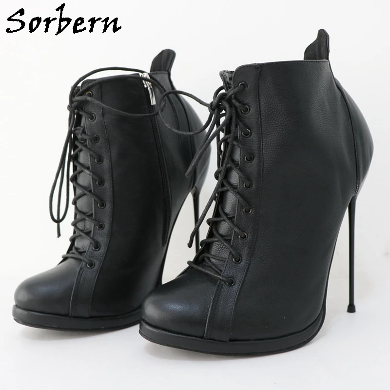 Sorbern Black Cigarette Heels 16Cm Geniune Leather Women Stilettos Thin Platform Short Booties Cute Round Toe Size Us12 Custom