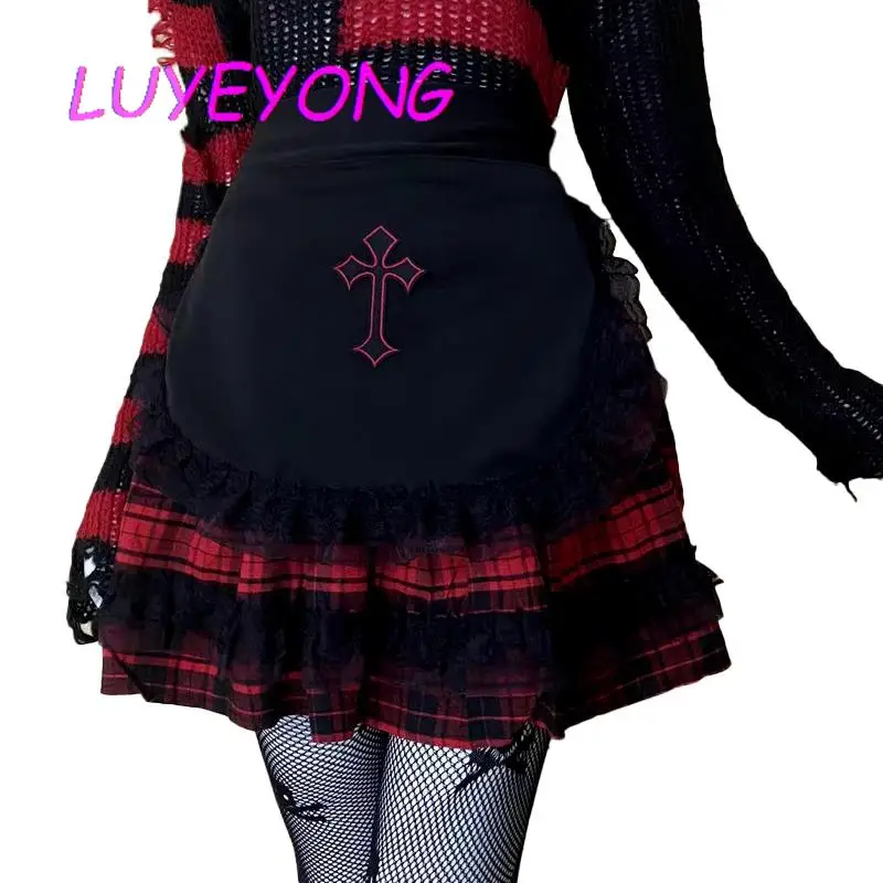 Korean Lolita Apron Y2k Style Girl Cosplay Cross Goth Sweet Lace-up Aprons Black White Female Sexy Lace Patch Sleeveless Top