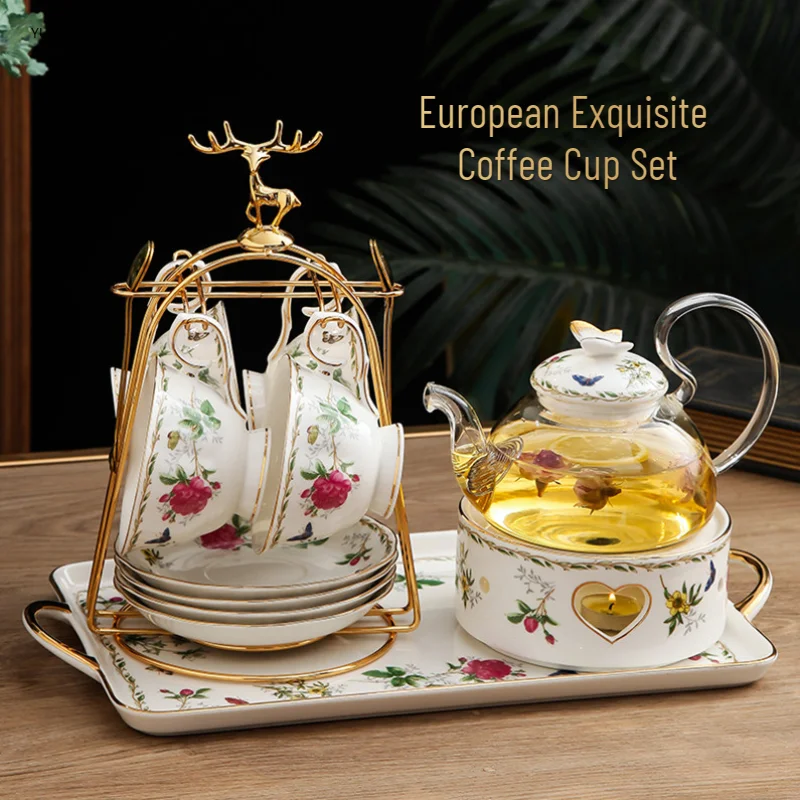 European Teaware Set Ceramic Pot Cup Set Saucer Spoon Candle Heating Glass Teapot Kettle Coffee Mugs Porcelain Tray Home Decor