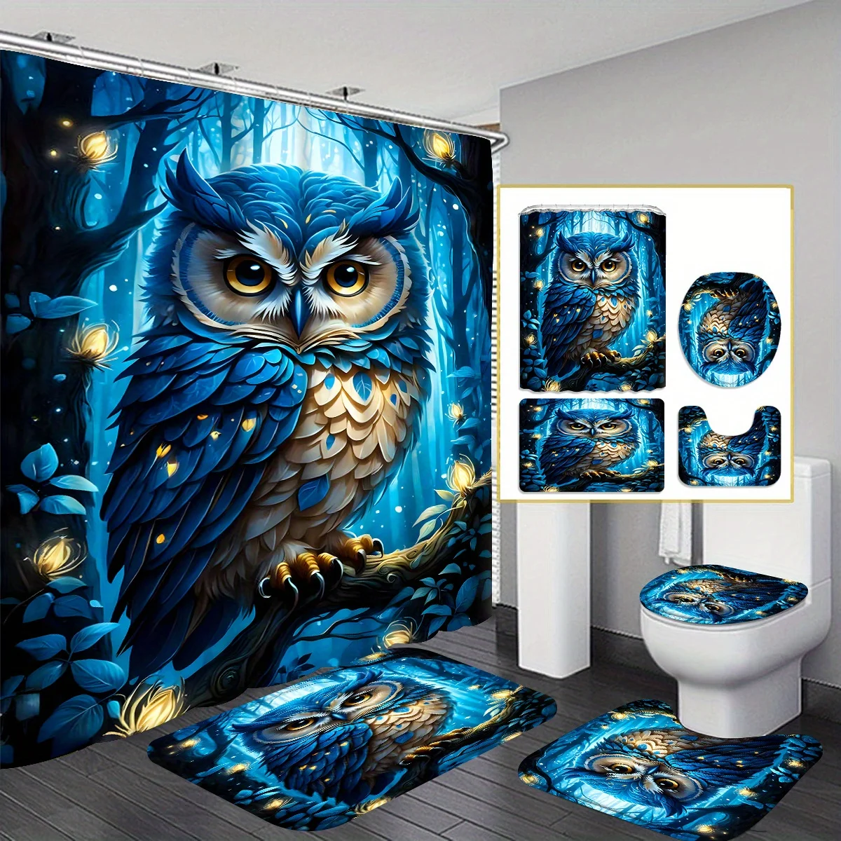 

4pcs Moonlit Owl Pattern Shower Curtain Modern Family Bathroom Decor Set Including Curtain and Toilet Floor Mat Three-Piece Set