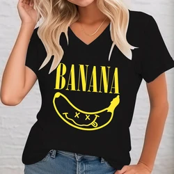 Fashion Woman T-shirts Yellow Banana Graphic Tee Funny Banana Print Cartoon T-shirt Female V-neck Kawaii Cartoon Summer Clothes