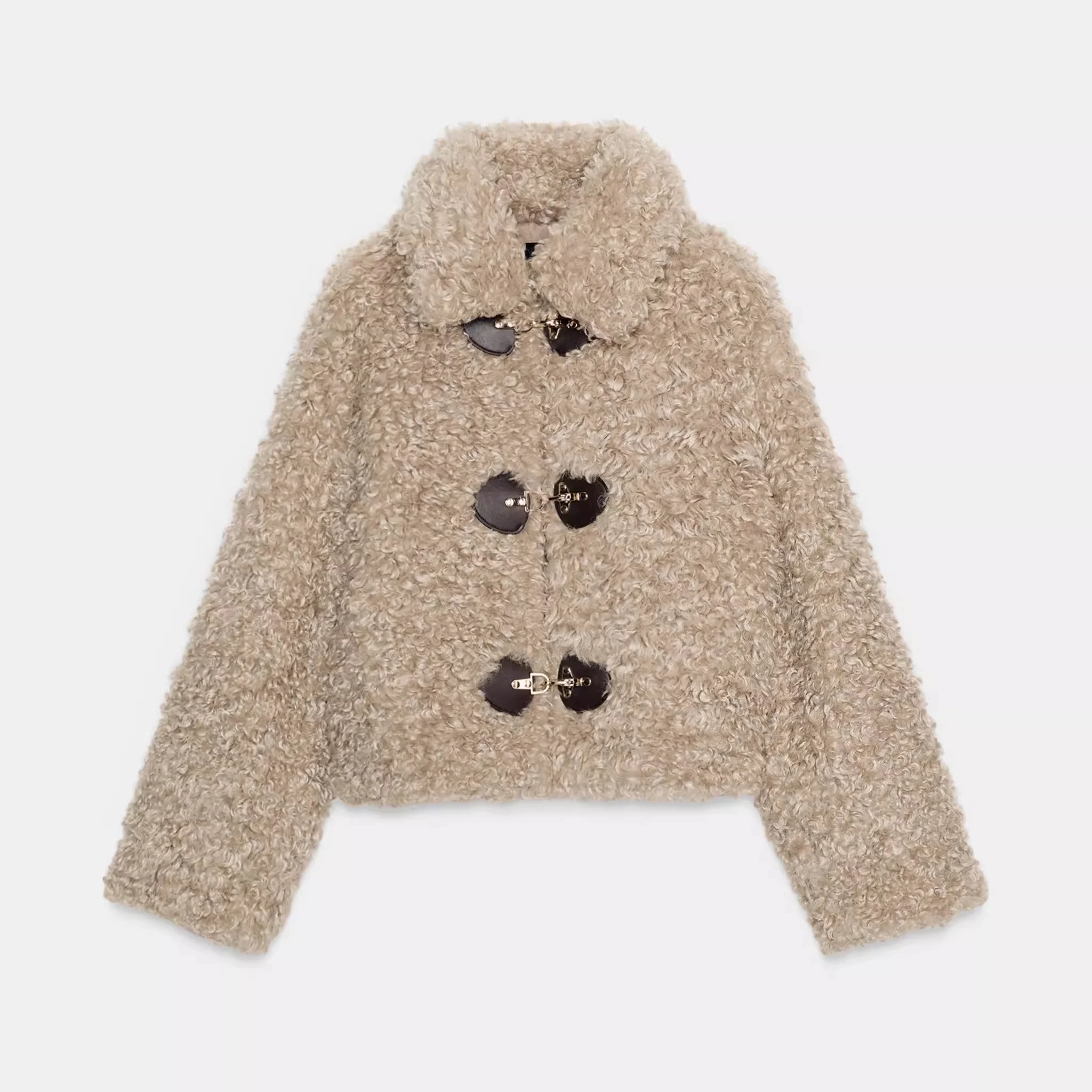 Women's Faux Fur Jacket Winter New Style Cord Knot Decoration Fluffy  Short Outerwear Casual Loose Fit Long Sleeve