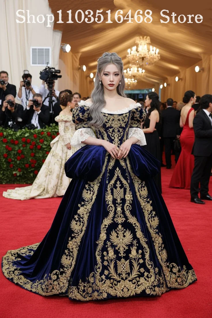 Customised Lavish Sapphire Blue Vintage Victorian Evening Gown Embroidered Lace Ball Gown Special Occasion Dress Countess Gown