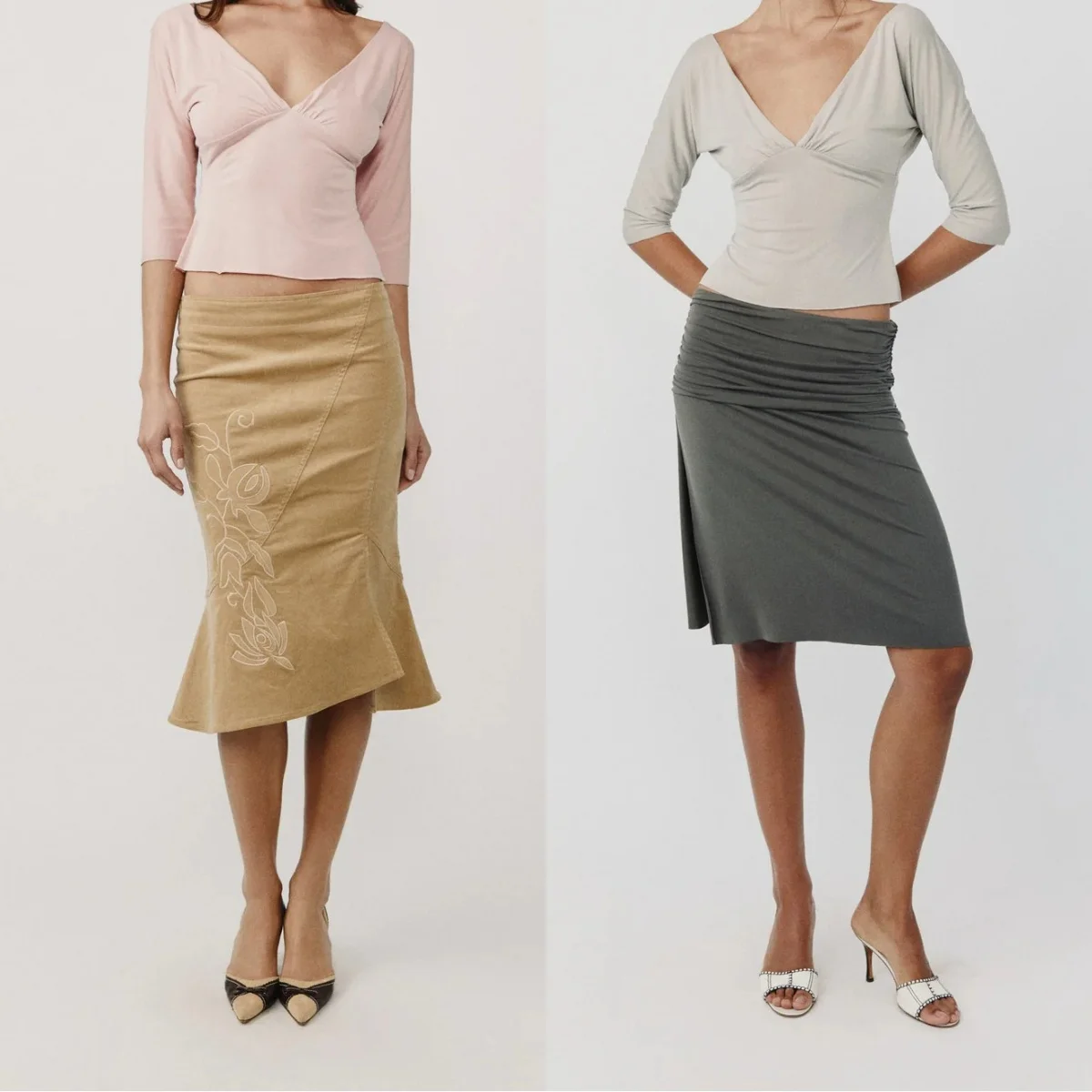 Wj V-Neck Three-Quarter Sleeve Top, Low-Waist Khaki Fishtail Skirt with Embroidery, Irregular Hem Skirt, Green Pleated Low-Waist Slit Skirt, Pleated Neckline Waist-Cinching Short Top