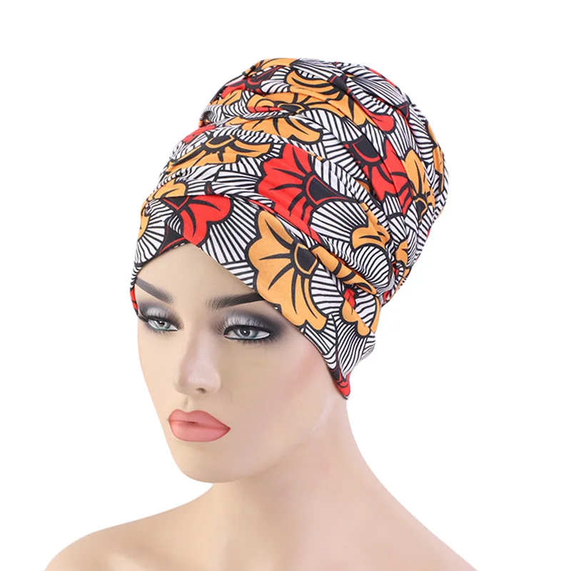 New Women African Pattern Print Elastic Headscarf Stretch Headband Long Tail Head Wrap Muslim Hijab Bonnet Bandanas Chemo Cap