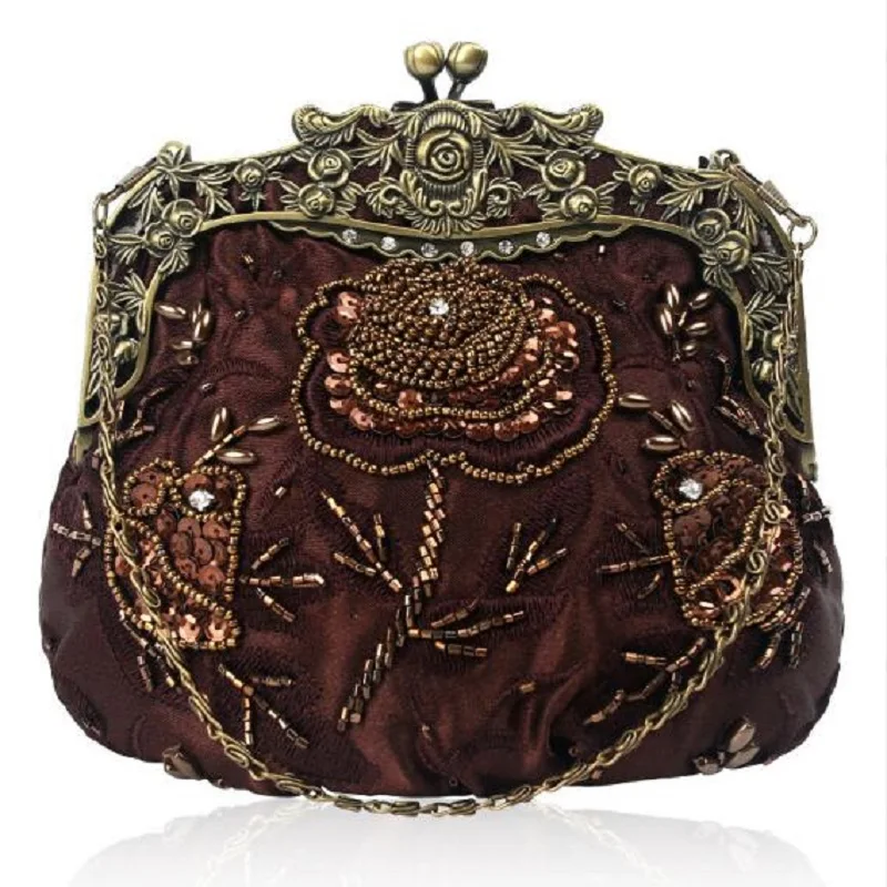 Hot Sale Women's New Fashion Cosmetic Bag Satin Clutch Bags Purse Handmade Embroidered Beaded Evening Party Chains Shoulder Bag