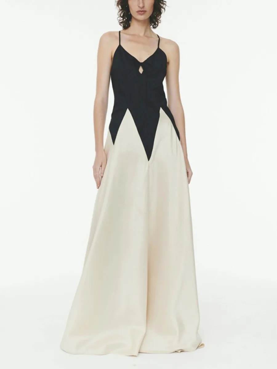 Freeacy レディース ドレス 2025 新作 コントラストカラー スパゲッティネック Aライン プリーツ マキシ丈ワンピース エレガント イブニングドレス ウェディングドレス