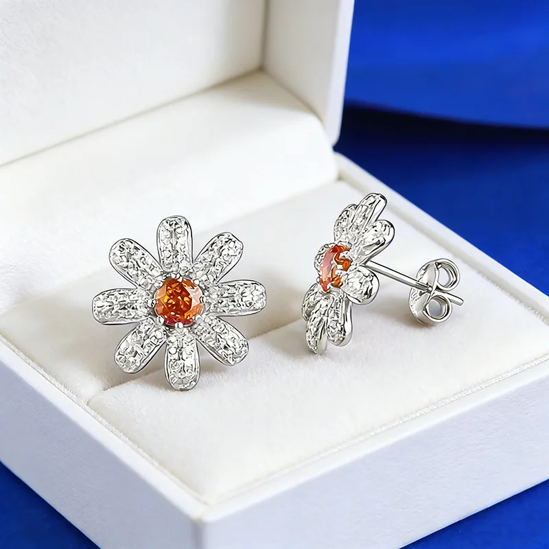 2026 new light luxury white gold and platinum PT950 sunflower 4.0mm Fanta orange earrings medieval palace style earrings