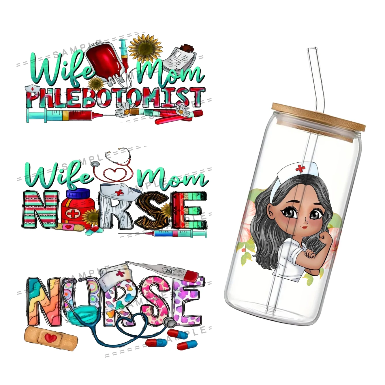 Healthcare UV DTF Cup Wrap for 16Oz Libbey Nurse Glass Can DIY Transfer Sticker