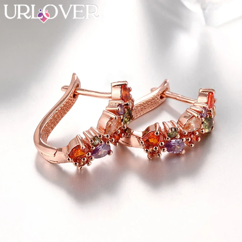 

URLOVER 925 Sterling Silver Earring For Woman Color AAA Zircon Rose Gold Clip Earrings Lady Fashion Party Wedding Jewelry Gifts