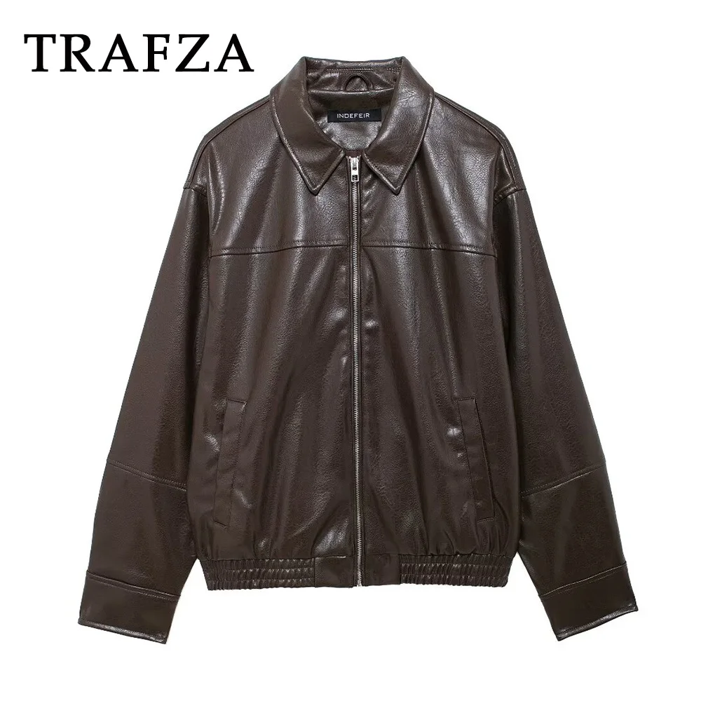 

TRAFZA 2024 Women Casual Autumn Winter Solid Pilot Jackets PU Loose Zipper Coat Folds Pockets Fashion Vintage Female Jackets