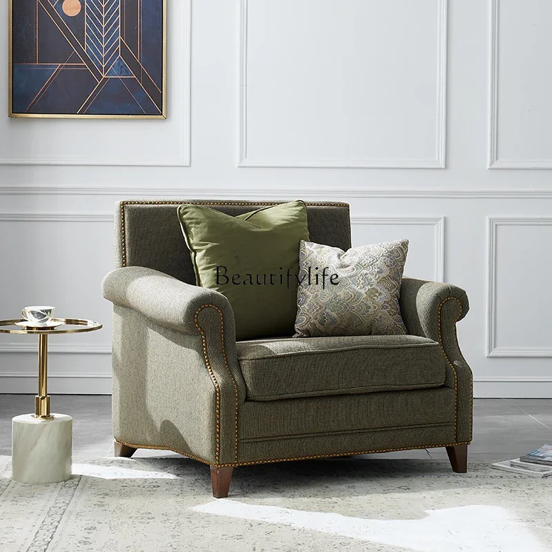 

ld14 American Style Solid Wood Fabric Sofa Vintage Pastoral Style Living Room Green Cotton Linen Three-Seater Set