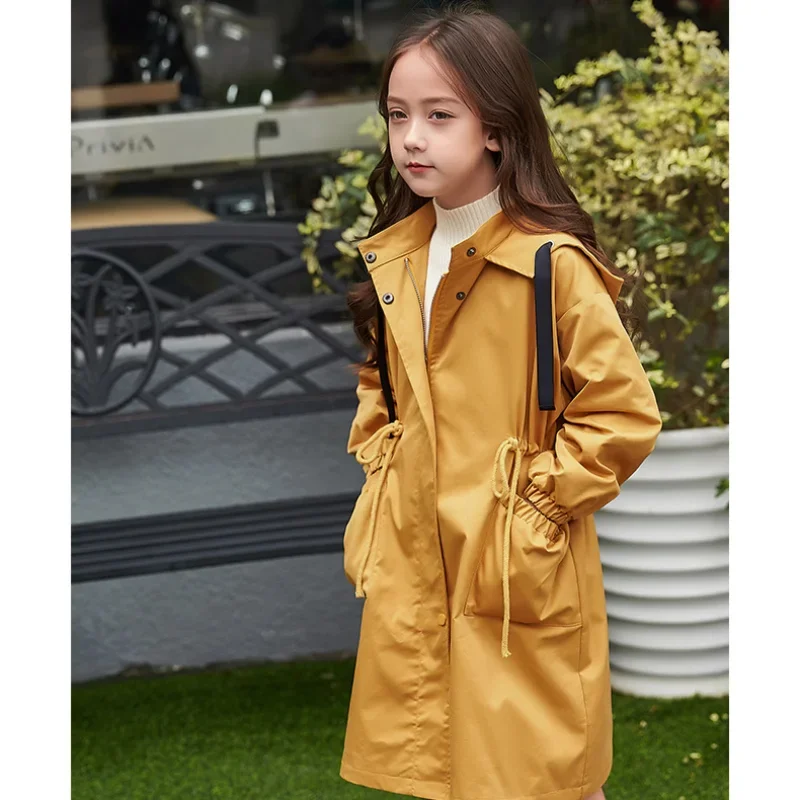 Kids Girls Trench Fashion Drawstring Hooded Jacket Tops Spring Autumn Children Clothes Teenager Girl Solid Color Coat