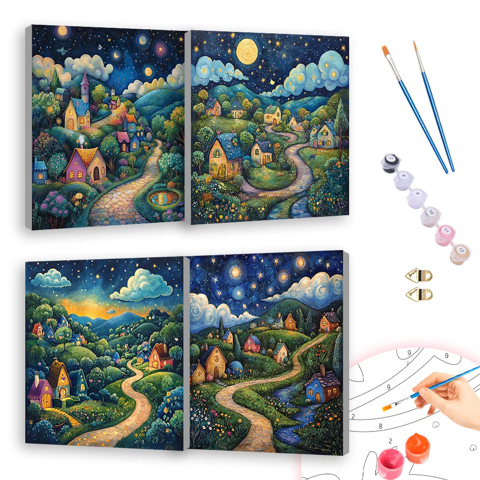 

RUOPOTY Oil Painting By Numbers Night House Village Scenery 20x20cm ready Frame For Beginner Simple Drawing On Canvas Decorative