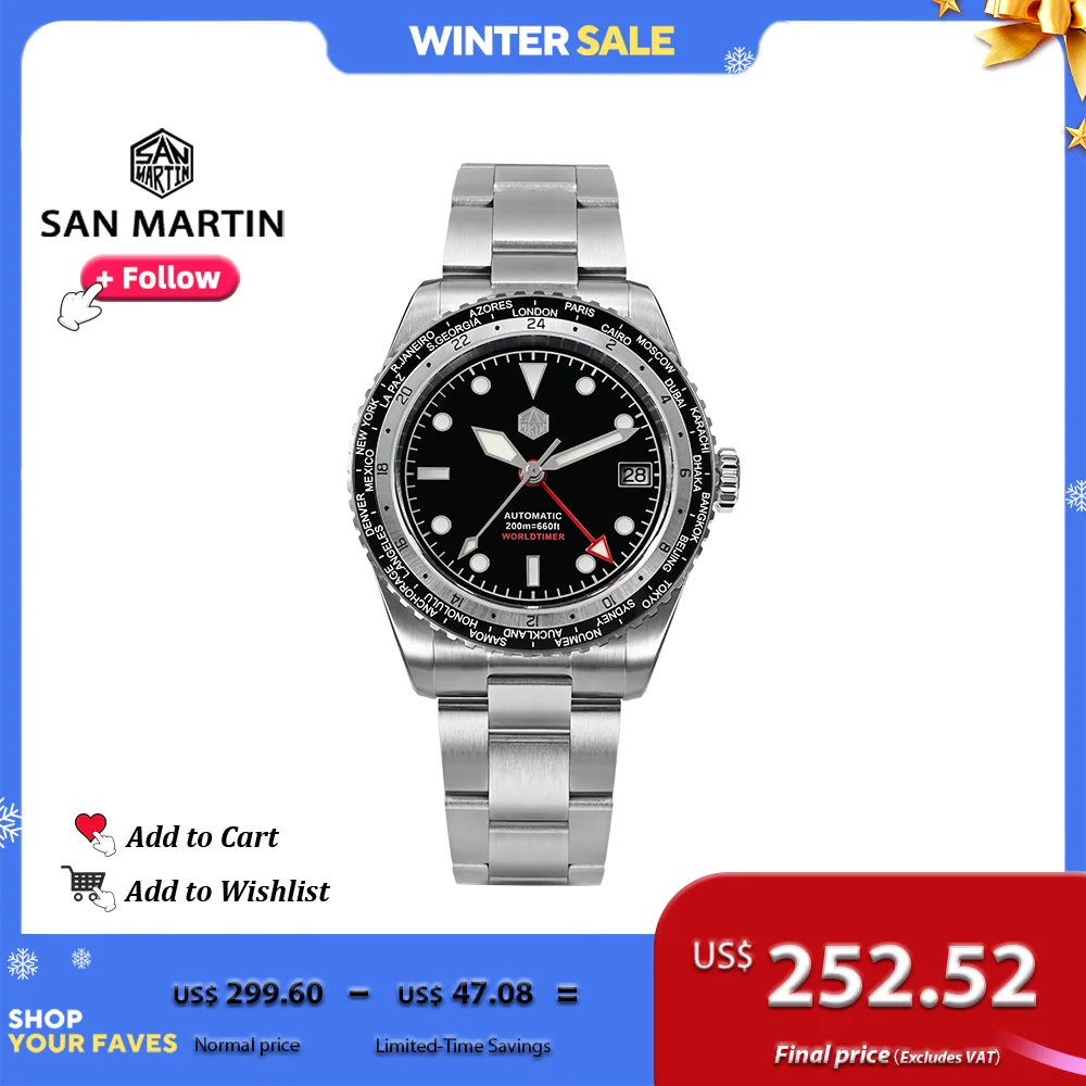 San Martin Design GMT Men Watch 38mm World Timer Waterproof NH34 Automatic Mechanical Wristwatch 20Bar Sapphire Glass SN0112