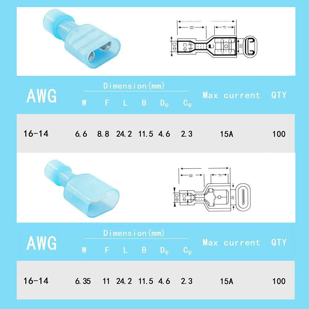 200Pcs 16-14AWG Nylon Spade Terminals Fully Insulated Male Female Crimp Connectors Quick Disconnect Electrical Wire Terminal Kit