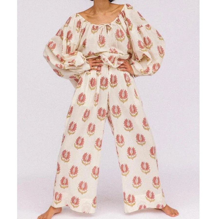 

Casual Women's Floral Print Sets Fashionable Loose Long Sleeve Scoop Neck Tops with Pants 2Ps Outfits
