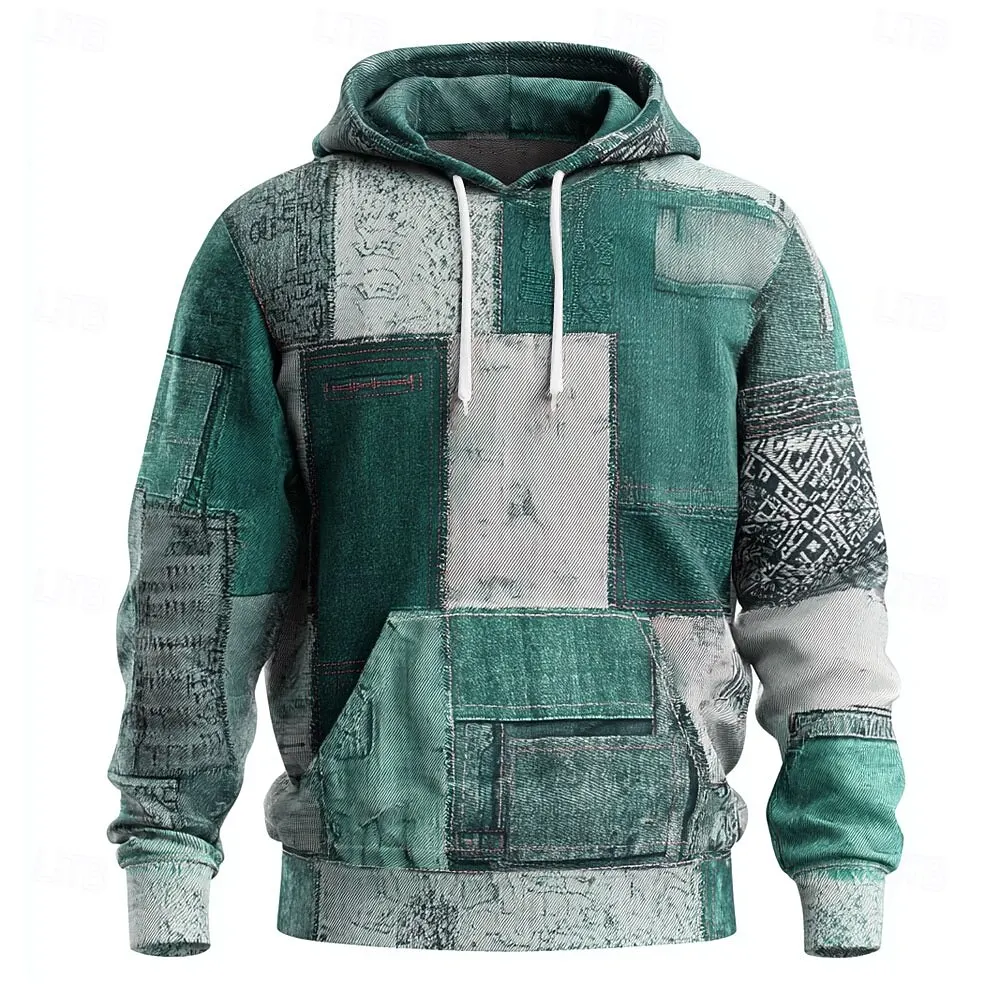 2025 Men's Geometric Plaid Hoodies, Fashion Crew Neck Sweatshirt, Casual Streetwear Style, Fall Winter Comfort Wear hooded