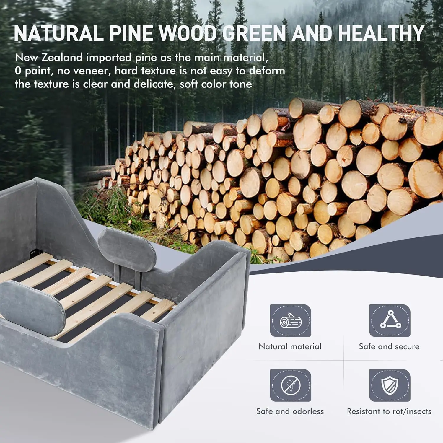 幼児用ベッド、安全バー付き子供用ベッド、グレー、標準ベビーベッドサイズ