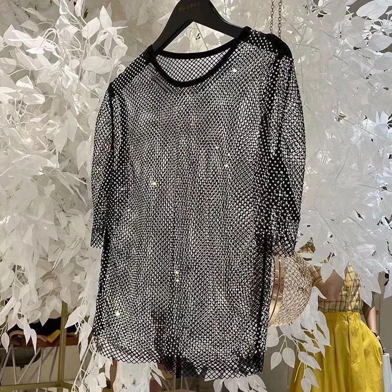 Oberbekleidung Damen T-Shirt 2026 Sommer Neue Damen Temperament Strass Rundhals Helles Sternenlicht Hohl Glänzendes Bodenbildungshemd – Detail 5