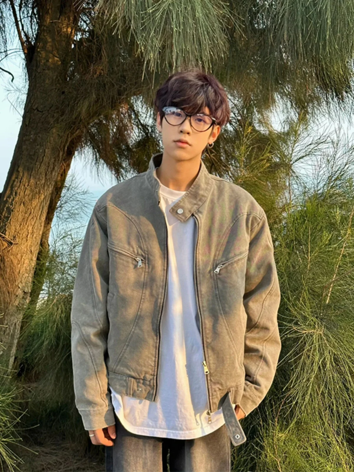 

Heavy Du Zipper ort Stand Collar Men's Jaet Retro American Design Workwear Coat Youth Faion Windproof Stand Fit