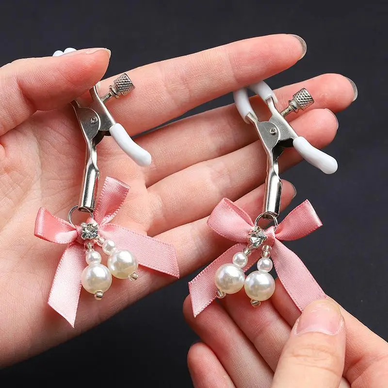 Pink Adjustable Metal Nipple Clamps with Soft Non-Slip Pads Bow Pearl Rhinestone Decor for Couples Intimate Bedroom Play - view 3