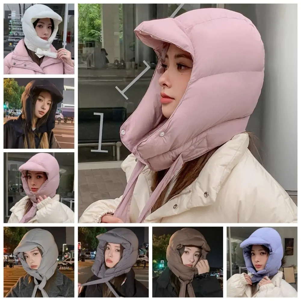 Soft Solid Color Padded Pullover Cap Korean Style Harajuku Balaclava Hat Hooded Neck Collar Puffy Ear Protection Cap Outdoor