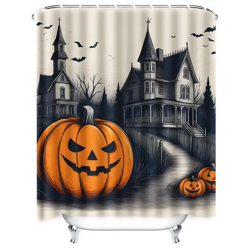 Tuniu Spooky Halloween Curtain Dark Manor Haunted House Pumpkins Scary Bathroom Decor 118x180cm