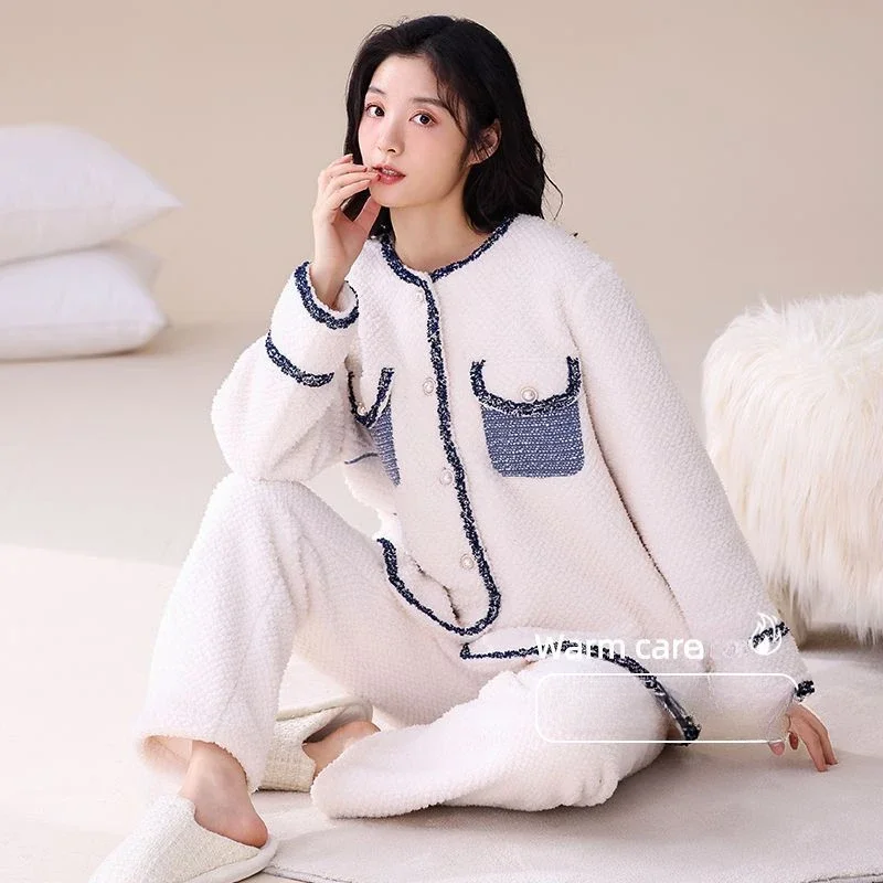 Women Autumn Winter with Velvet Thickening Warm Plus Size Ice Cream Velvet Home Suit Can Be Worn Outside Coral Velvet Pajamas