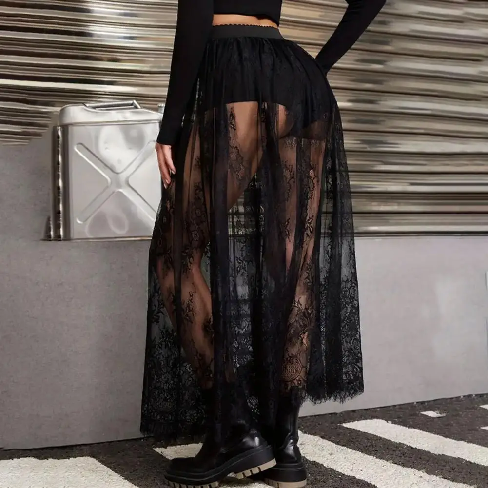 Saia de malha elástica longa, bordado transparente, renda de flores, cintura alta, linha A, sexy, gótico, puro, midi, escuro