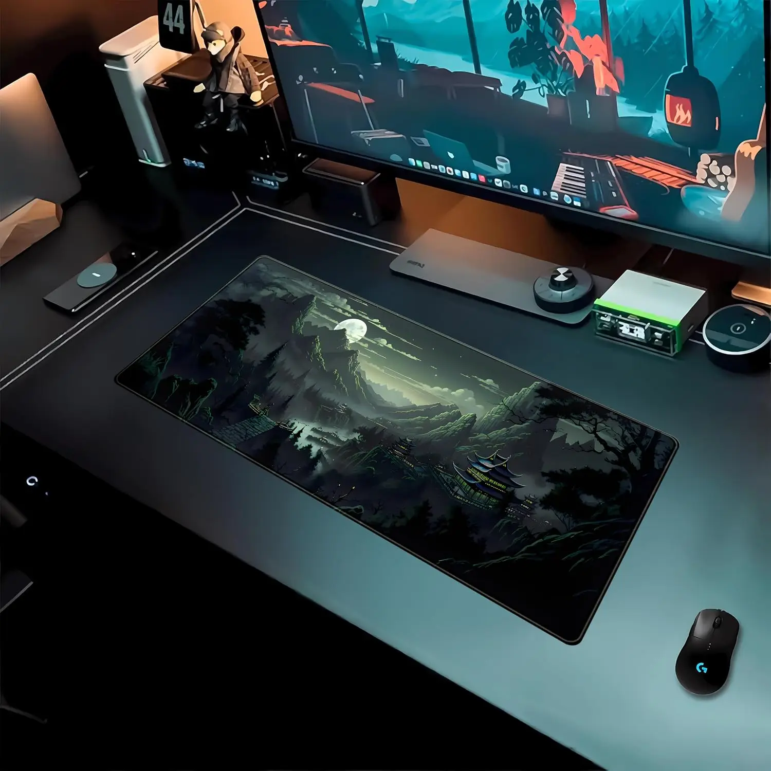 Chinese Moon Night Large Desk Mouse Pad, Misty Mountain Ancient Temple Pavilion Scenery Print, Non‑Slip Mat For Gaming Office 3