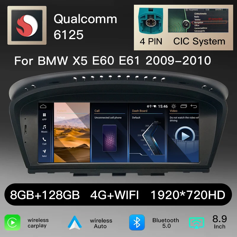 8,9" 1920*720 scherm Snapdragon Wireless Carplay Android 14 autoradio voor BMW 5-serie E60 E61 E62 E63 CCC CIC M5 3-serie E90 E91 E92 E93 CCC CIC 2004-2009 multimedia head unit GPS navigatie head unit