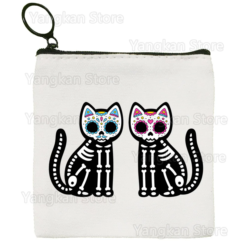 Black Cat Diagram Skeleton Canvas Coin Purse Custom Logo Storage Pouch Canvas Bag  New Coin Bag Key Coin Purse