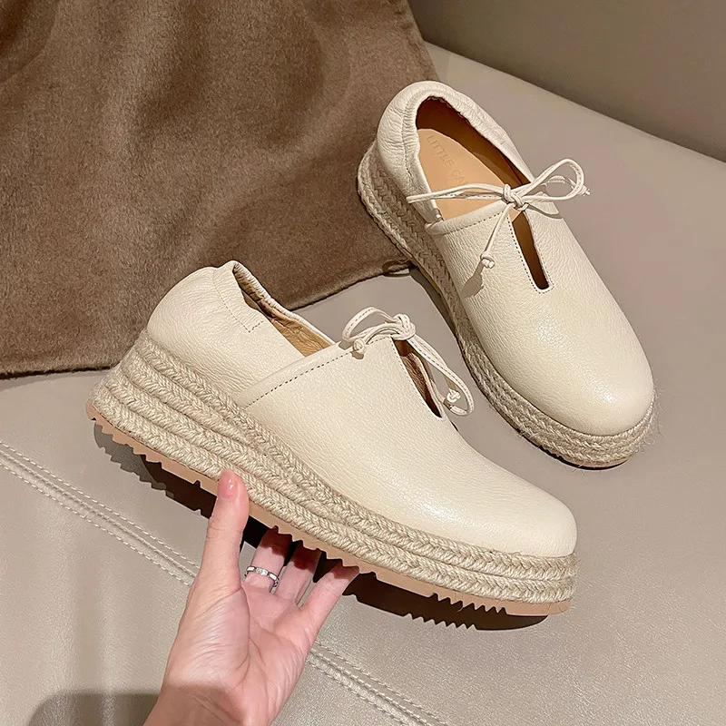 MKKHOU موضة مضخات جديدة عالية الجودة حقيقية أحذية من الجلد حزام القش المنسوجة سميكة سوليد أحذية عالية الكعب المتسكعون حذاء كاجوال #5