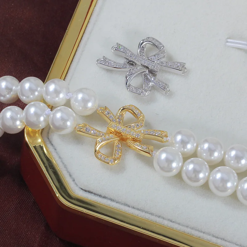 

1 Piece Copper Plated Zirconium Double Row Bow Pearl Necklace Bracelet Buckle DIY Jewelry Making Materials Accessories Wholesale