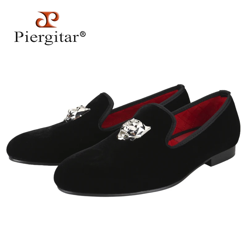 Piergitar Classic Model Black Velvet Handmade Men's Loafers For Fashion Party Wear Sliver ”PP“ Logo Metal Buckles Slip-On Flats
