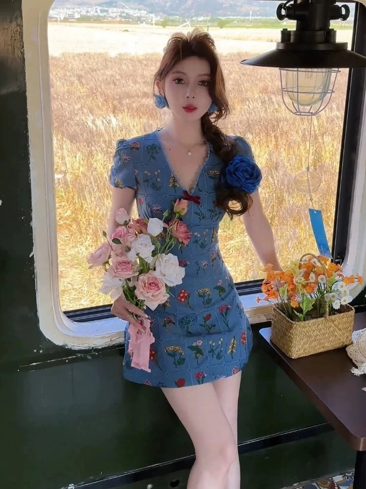 

Летняя женская юбка XZY Sweet Blue V-ne Floral Dr больших размеров в стиле кантри, с завышенной талией, для повседневной носки