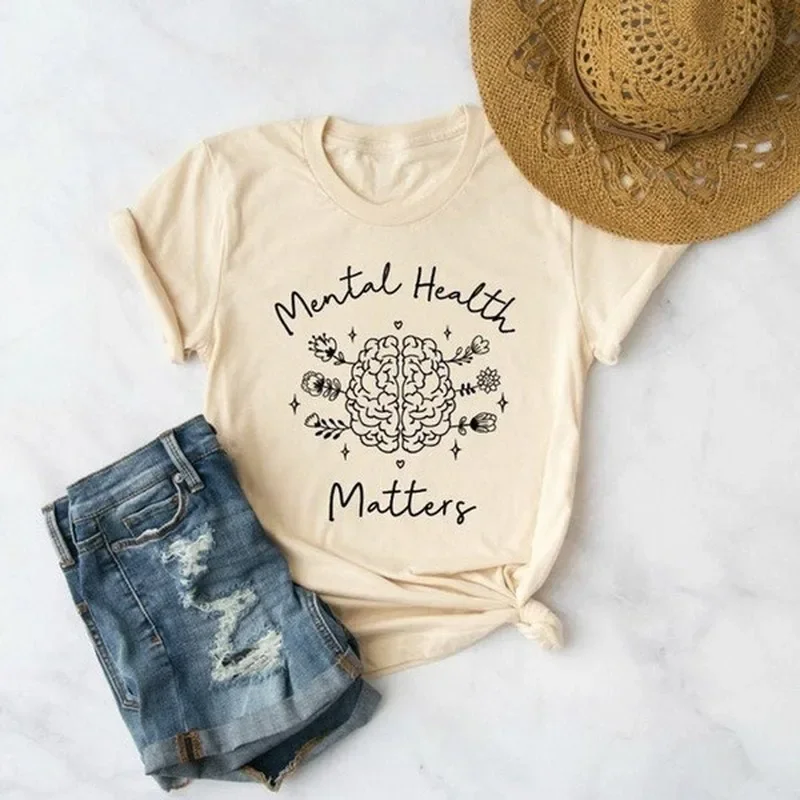 Mental Health Matters Print T Shirt Women Short Sleeve Tee O Neck Loose T-shirt Summer Women Tops Camisetas Mujer Shirt