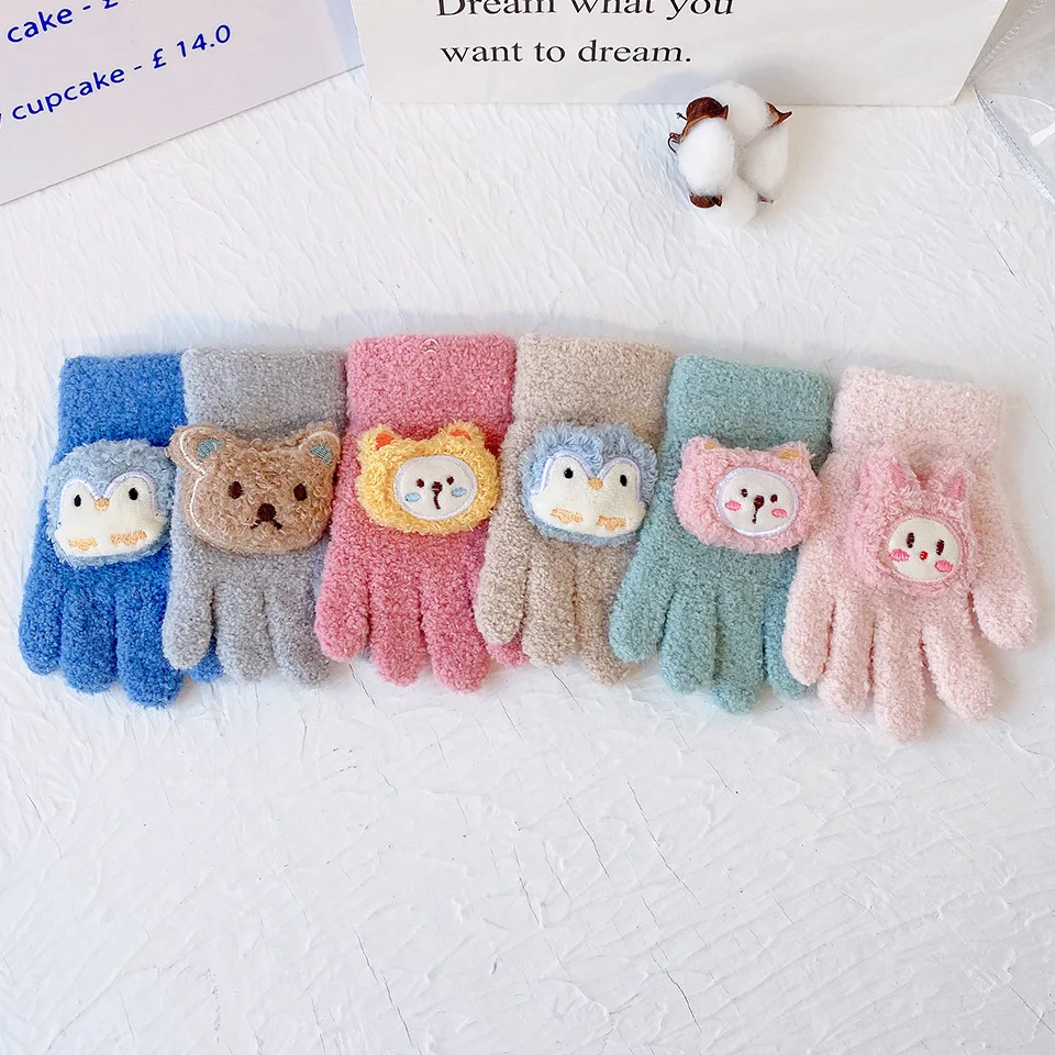 Korean Cartoon Kid\'s Gloves in Winter Warm and Cold All Refers to Children in Kindergarten Boys and Girls Write Five Finger