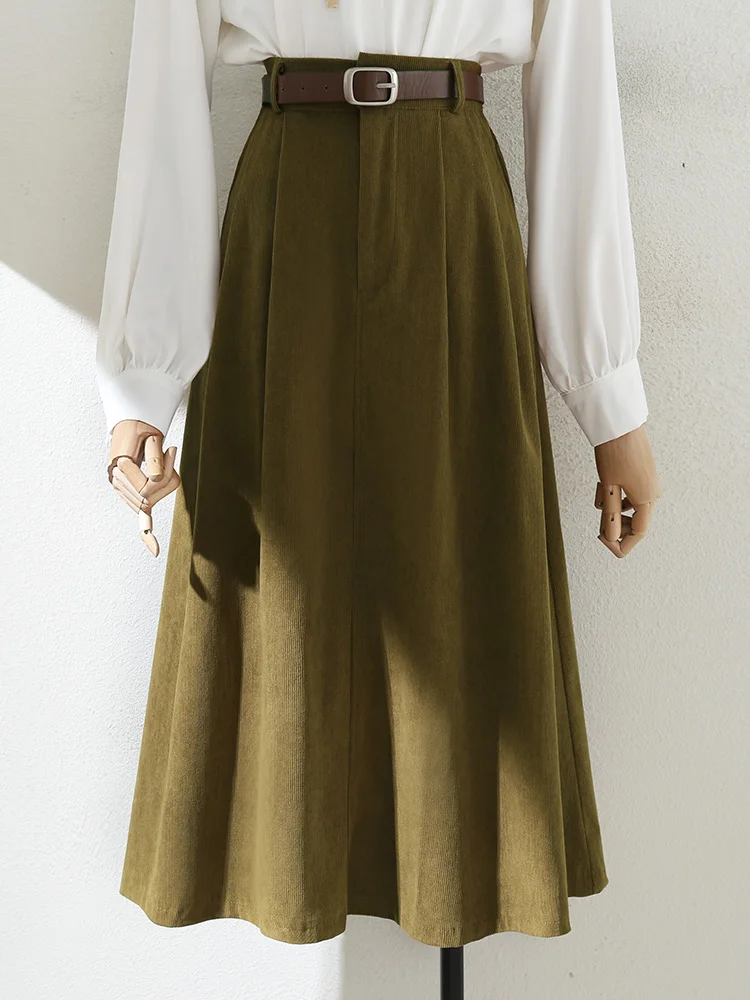 

Вельветовая юбка-миди трапециевидной формы в стиле ретро, женская свободная посадка, универсальная, с высокой талией, простая, осенне-зимняя, модная, чистый цвет