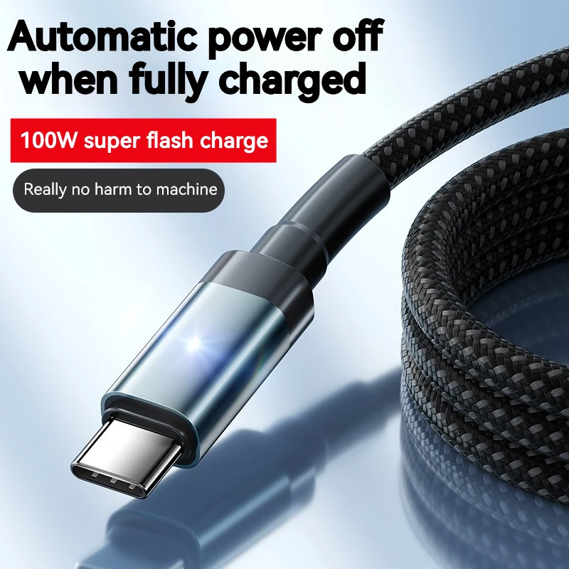 100W Super Fast Charging Data Cable Auto Power Off Type-C Fast Charging for Huawei Xiaomi Mobile Phone Universal Lengthening