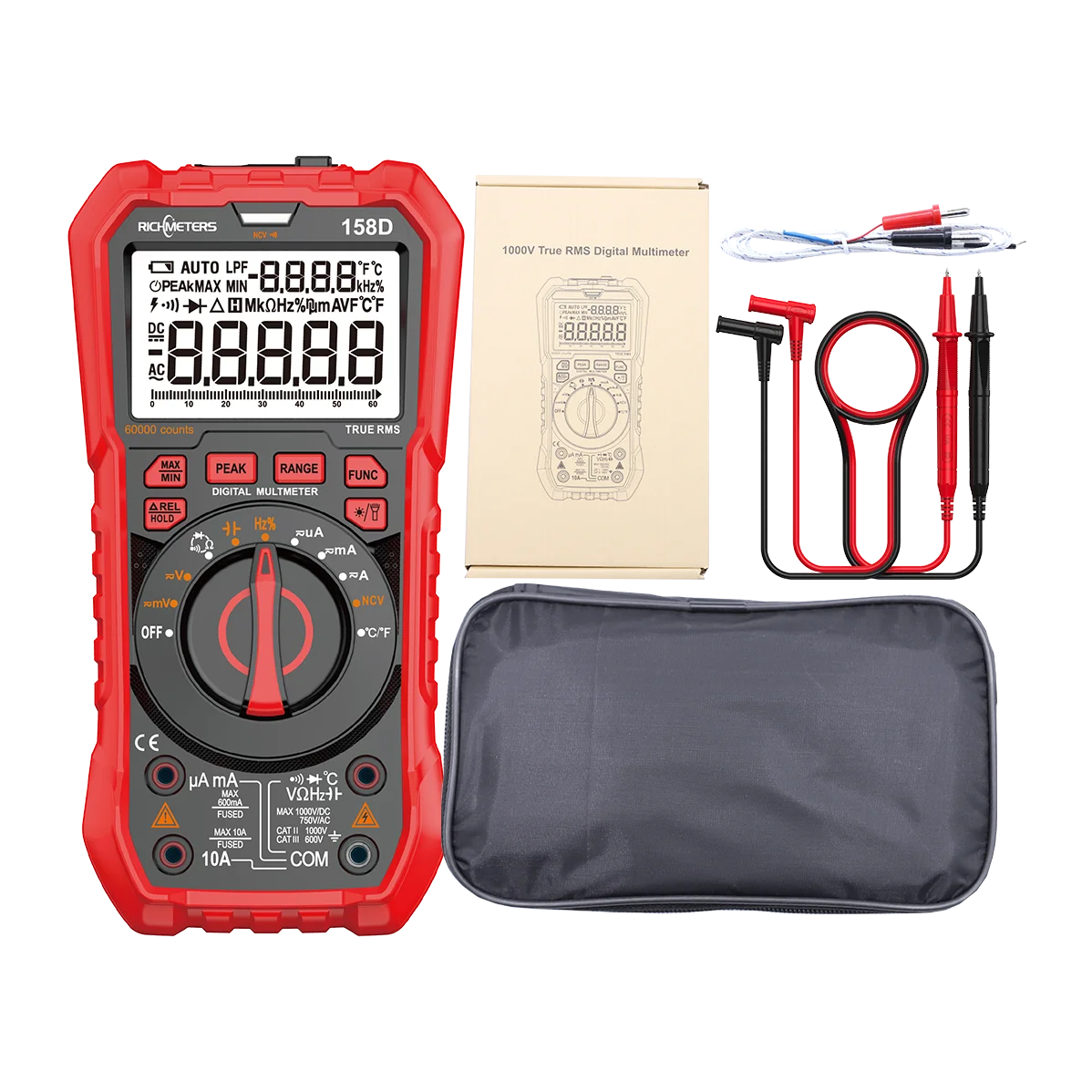 RICHMETERS RM158D NCV Multimetro digitale 60000 conteggi Misuratore di tensione CA/CC con range automatico Flash Retroilluminazione Schermo grande